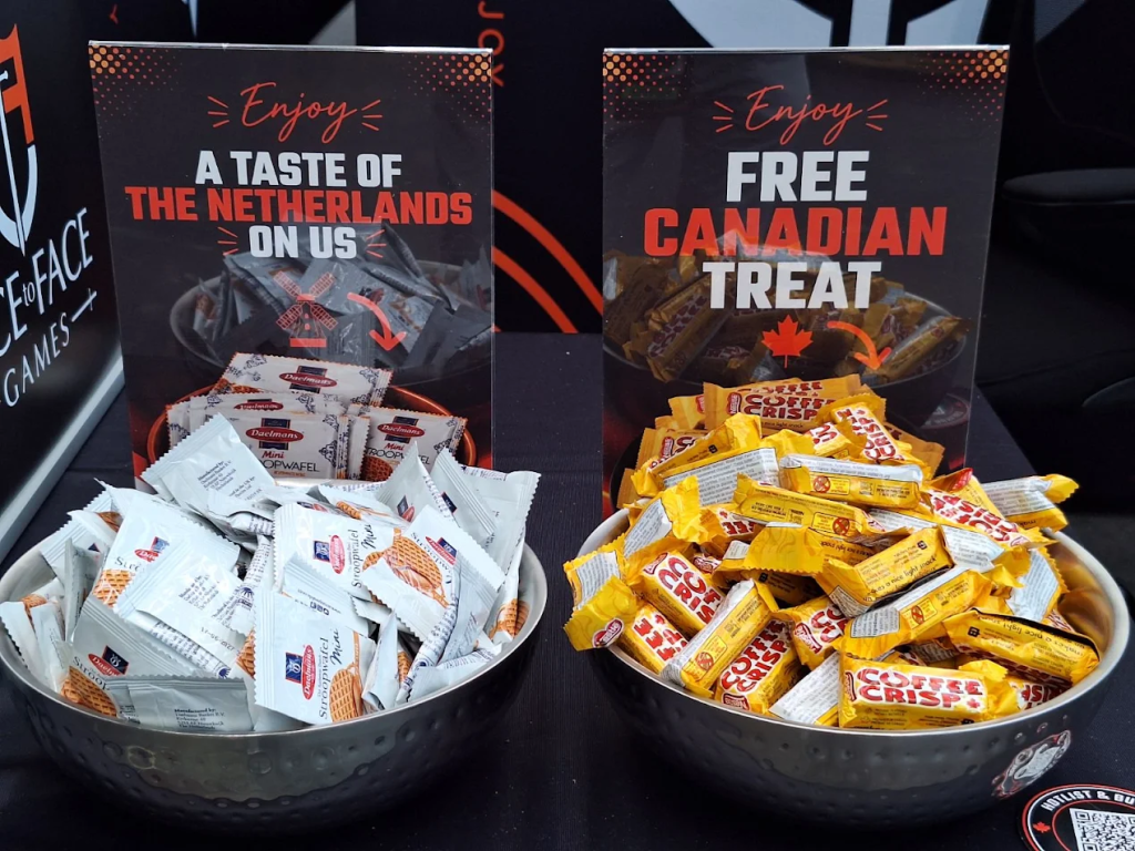 Two treat bowls at the booth: Dutch stroopwafels and Canadian Coffee Crisps